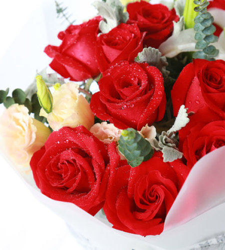 幸福的感觉-9朵红玫瑰、1支白色香水百合，搭配银叶菊、香槟桔梗、尤加利叶