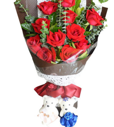 挚爱玫瑰-11枝红玫瑰，一对小熊，搭配尤加利叶、栀子叶