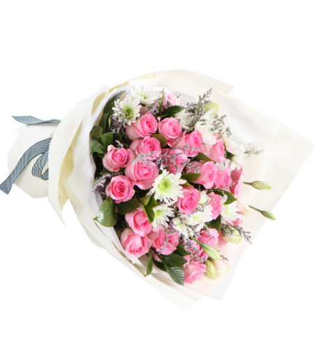 百花仙子-苏醒玫瑰19枝，粉色桔梗2枝，白色小菊4枝，搭配情人草适量