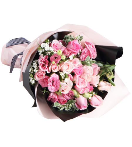 粉色心情-苏醒玫瑰6枝，粉佳人玫瑰13枝，粉色桔梗6枝