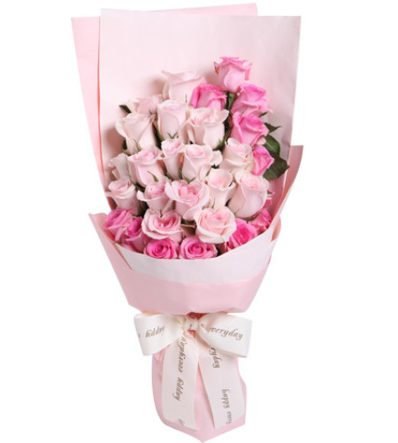 心有灵犀-粉佳人粉玫瑰17枝，水粉色苏醒玫瑰12枝