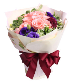 粉黛-粉玫瑰11枝、紫色洋桔梗等搭配