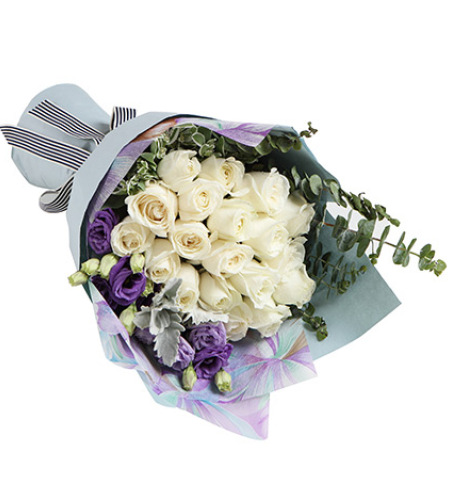天使爱恋-白玫瑰19枝，紫色桔梗3枝，银叶菊1枝，尤加利3枝