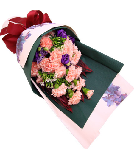 芳华-粉色康乃馨19枝，紫色洋桔梗，红铁叶