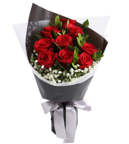 爱情花火-红玫瑰9枝，搭配栀子叶满天星适量