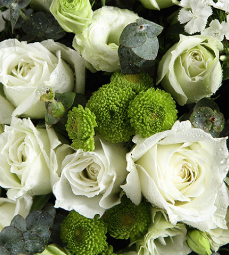 月光女神-白玫瑰11枝，绿色桔梗5枝，小菊3枝，白色石竹梅4枝