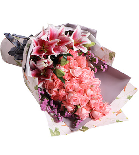 甜蜜物语-黛安娜粉玫瑰33枝，粉色香水百合3枝，搭配适量粉色勿忘我
