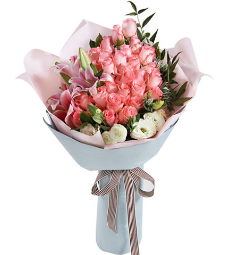 粉色女孩-戴安娜粉玫瑰29枝，粉色香水百合2枝，搭配白色桔梗2枝