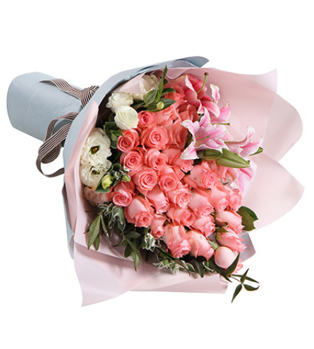 粉色女孩-戴安娜粉玫瑰29枝，粉色香水百合2枝，搭配白色桔梗2枝
