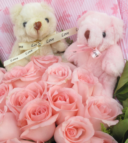 幸福相伴-16枝粉玫瑰，5寸小熊2只