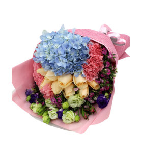 清浅时光－11支香槟玫瑰，18支粉色康乃馨，1支蓝色锈球，适量香槟/紫色桔梗/石竹梅搭配花束