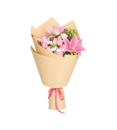 毋庸置疑-1支粉色多头百合，6枝粉玫瑰，适量小绿菊/小白菊点缀