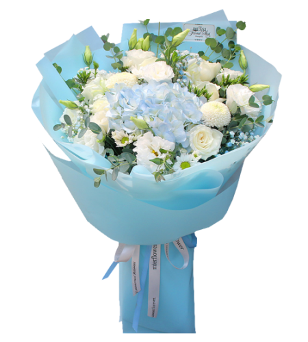 午后巴厘-11枝白玫瑰，蓝色绣球 ,桔梗，尤加利叶,乒乓菊（韩式混搭）