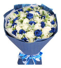 蓝色精灵-18朵蓝色妖姬，15朵白玫瑰，搭配相思梅、叶上花点缀
