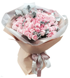 莞尔心动-99枝粉色雪山玫瑰，搭配适量银叶菊