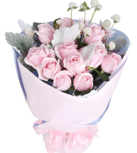 甜心-11枝粉佳人粉玫瑰，粉雏菊，白色千日红，银叶菊