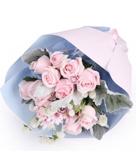 甜心-11枝粉佳人粉玫瑰，粉雏菊，白色千日红，银叶菊