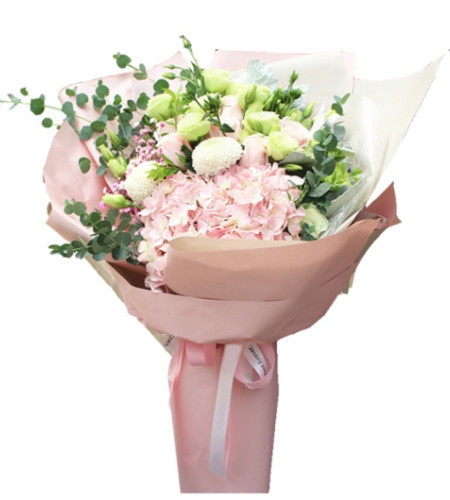粉佳人-9朵粉佳人粉玫瑰，1枝粉色绣球，6枝白绿色洋桔梗，2枝白色乒乓球菊