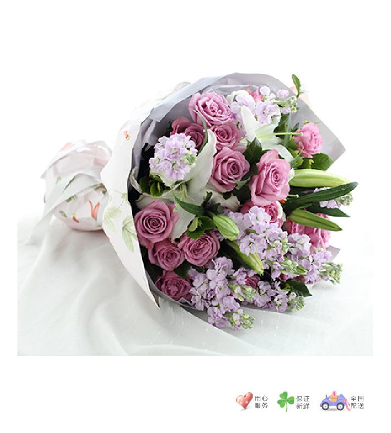 紫色浪漫-冷美人玫瑰19枝、紫色紫罗兰9枝、白百合2枝-鲜花速递