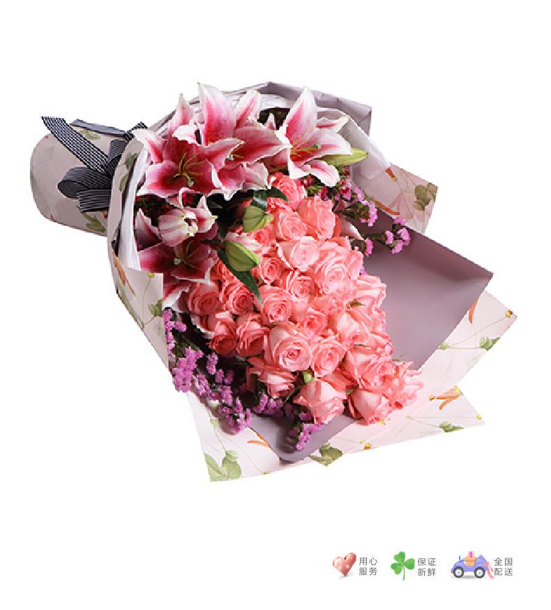 甜蜜物语-黛安娜粉玫瑰33枝，粉色香水百合3枝，搭配适量粉色勿忘我-鲜花速递